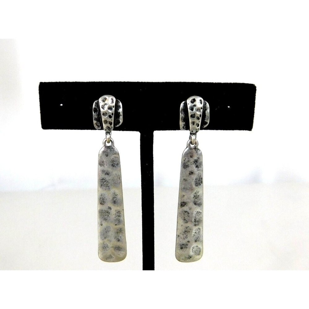 Drop Dangle Silver Tone Bar Style Hammered Pierced Earrings